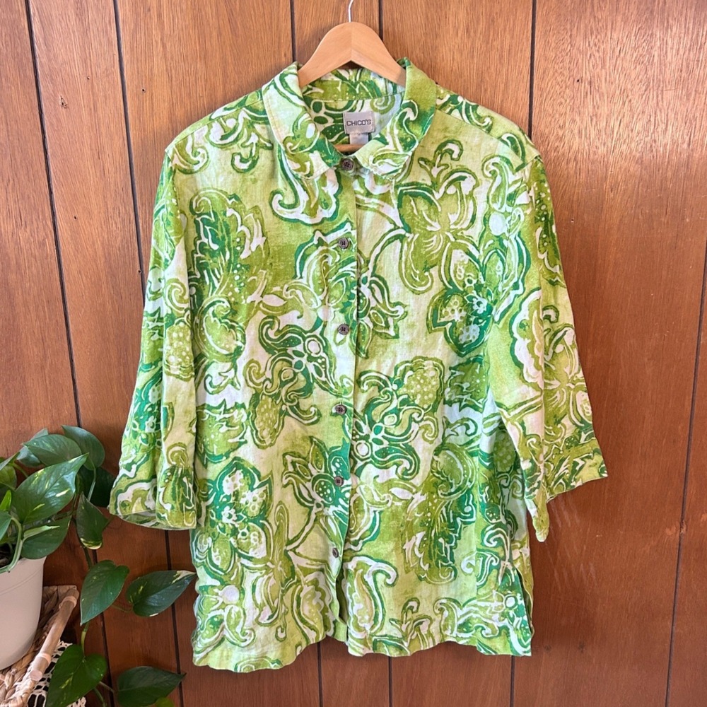 Vintage Chicos Green White Paisley‎ 100% Linen Button Down Shirt 3/4 Sleeve XL